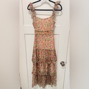 Astr Pink and Yellow Ruffled Tiered Sundress